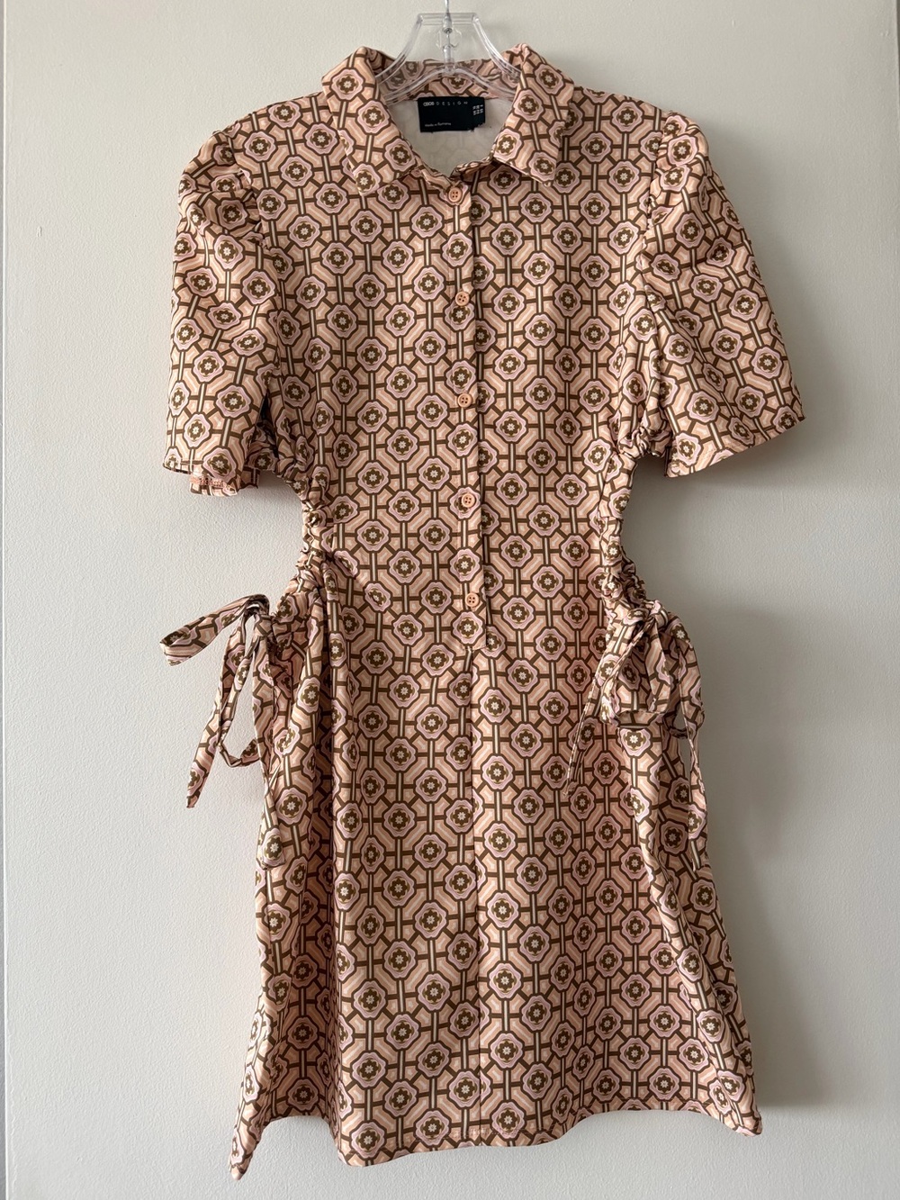 ASOS DESIGN Retro 70s Geometric Cutout Ruched Tie Mini Shirt Dress Size 6 / M
